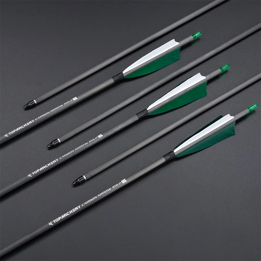 Flechas de caza de carbono 100% puro de 32 ", flechas de práctica de tiro con arco con plumas de pavo de 4 ", columna vertebral 400 para arco compuesto recurvo
