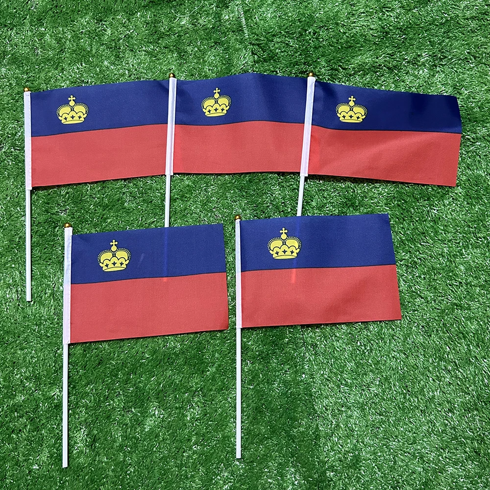 Bandera del cielo bandera de Liechtenstein bandera de Liechtenstein 10/20/50/100pcs 21*14cm bandera de Liechtenstein ondea la mano con poste de plástico para la actividad deportiva