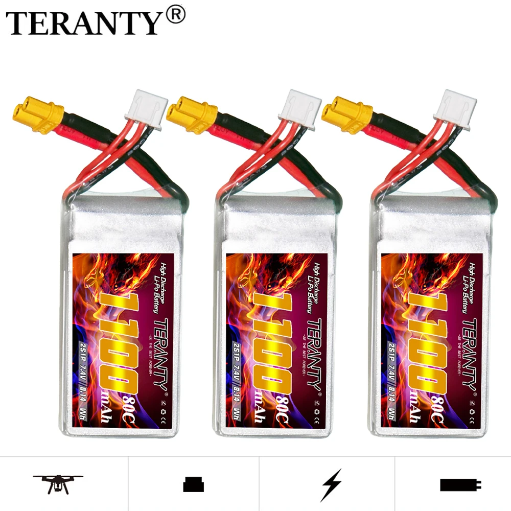Batería Lipo mejorada de 1100mAh TREANTY 2S 7,4 V para helicóptero RC Quadcopter Dron de carreras con visión en primera persona piezas 80C/160C batería recargable