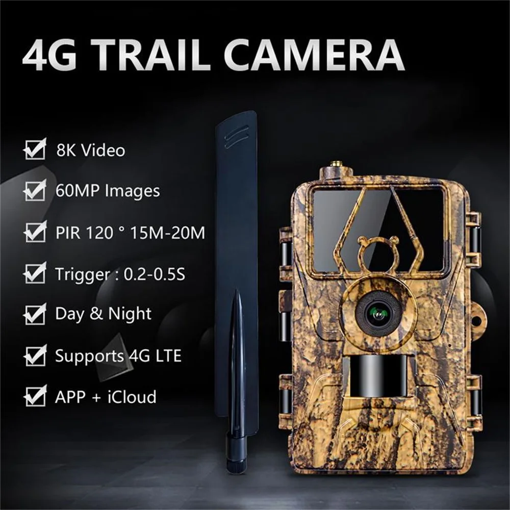 Cámara de caza PR801G 4G LTE: foto de 60 MP/vídeo 8 K, visión nocturna, resistente al agua IP66, seguimiento de animales y monitoreo de seguridad