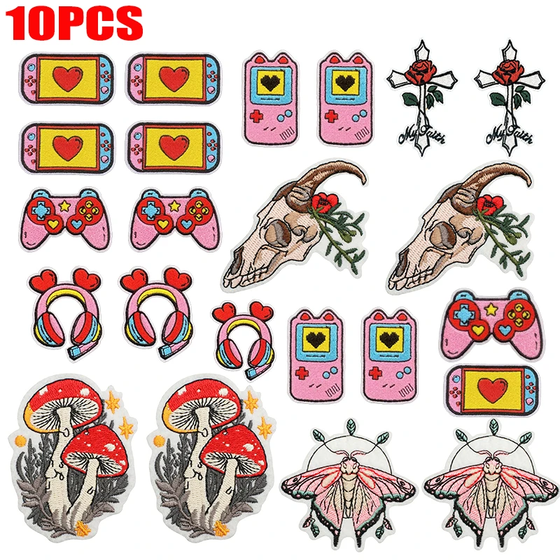 10 unids/lote, parches bordados para consola de juegos, auriculares, pegatinas bordadas a mano de amor, parches de hierro de dibujos animados para coser ropa DIY