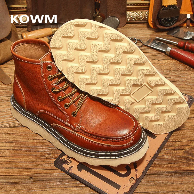KOWM-zapatos de senderismo para hombre, botas para caminar, zapatos de trekking al tobillo de piel de vaca británica, zapatillas informales de suela gruesa, botas altas para motocicleta - imagen 3