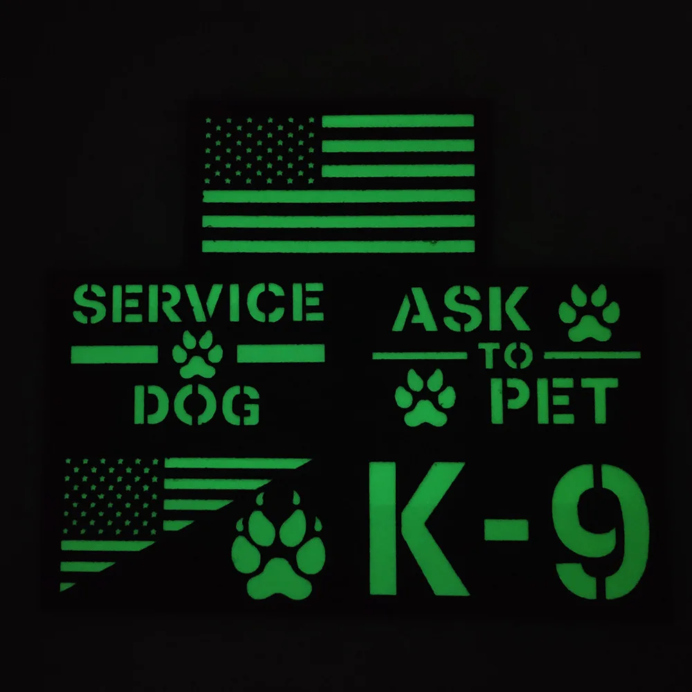 ASK TO PET SERVICE Perro parche IR K-9 bandera de EE. UU. Pata de perro reflectante nailon brazalete táctico insignias para ropa chaleco bolsa decoración - imagen 3