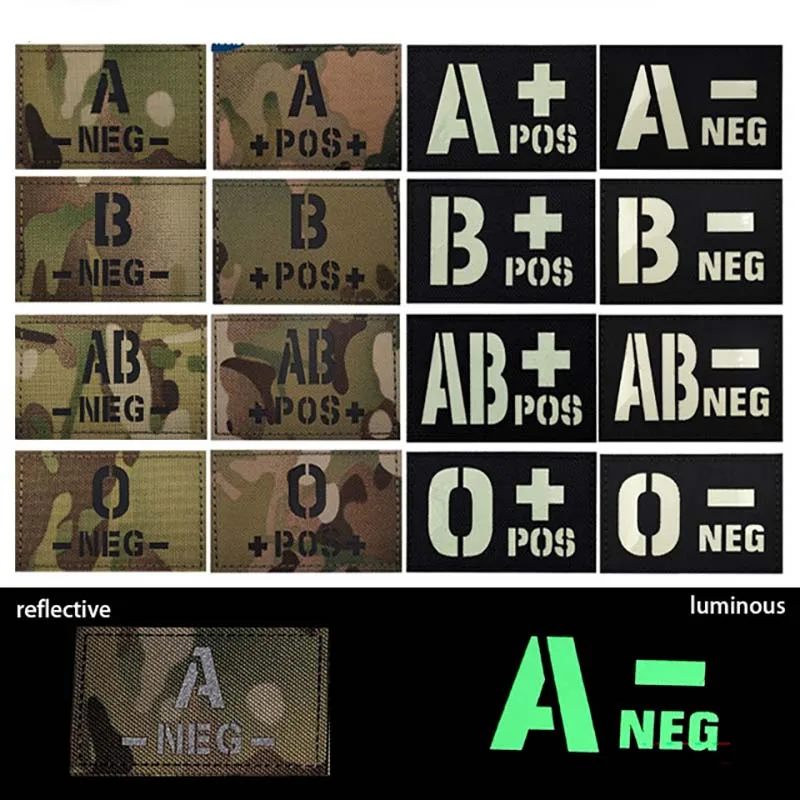 5*8,5 CM camuflaje, parche del grupo de sangre negra que brilla en la oscuridad, A + B + O + AB + POS parches de bucle de gancho positivo, insignias tácticas militares - imagen 4