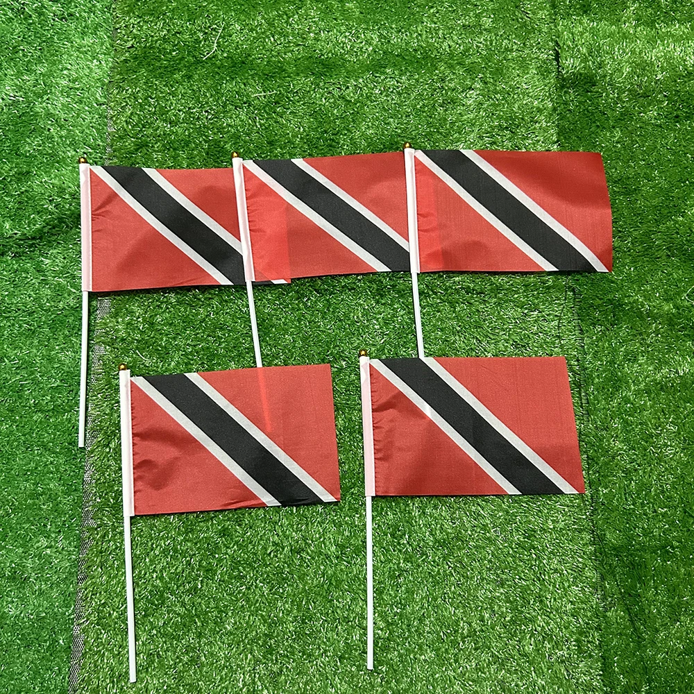 Bandera de la SKY, bandera de mano de Trinidad y Tobago, 10/20/50/100 Uds., 21x14cm, banderas onduladas a mano de Trinidad y Tobago con poste de plástico