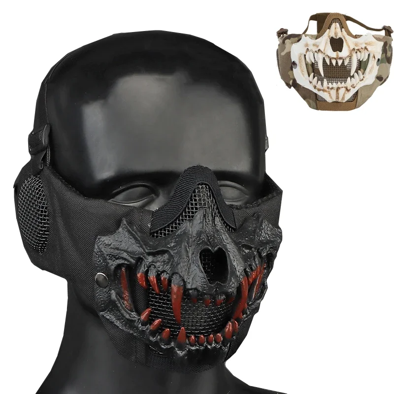Máscara de malla Tusk con protección para los oídos, media máscara plegable para Airsoft caza tiro CS Cosplay