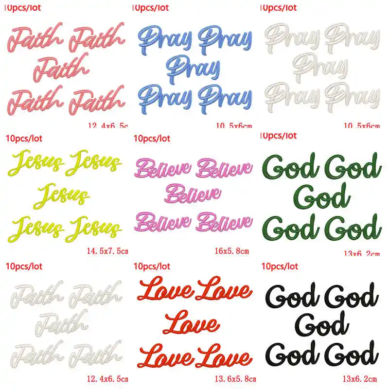 10 unids/lote cree Dios fe orar parche bordado letras parche hierro en parches para ropa DIY mochila sombreros apliques Decoración