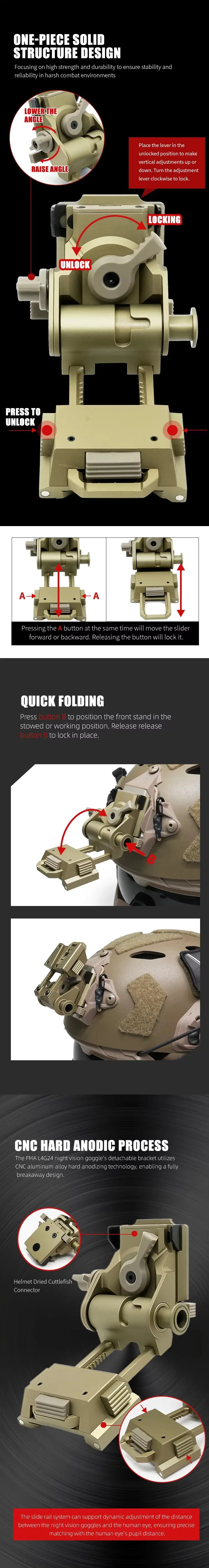 Soporte metálico desmontable para NVG con diseño inclinable y acabado anodizado