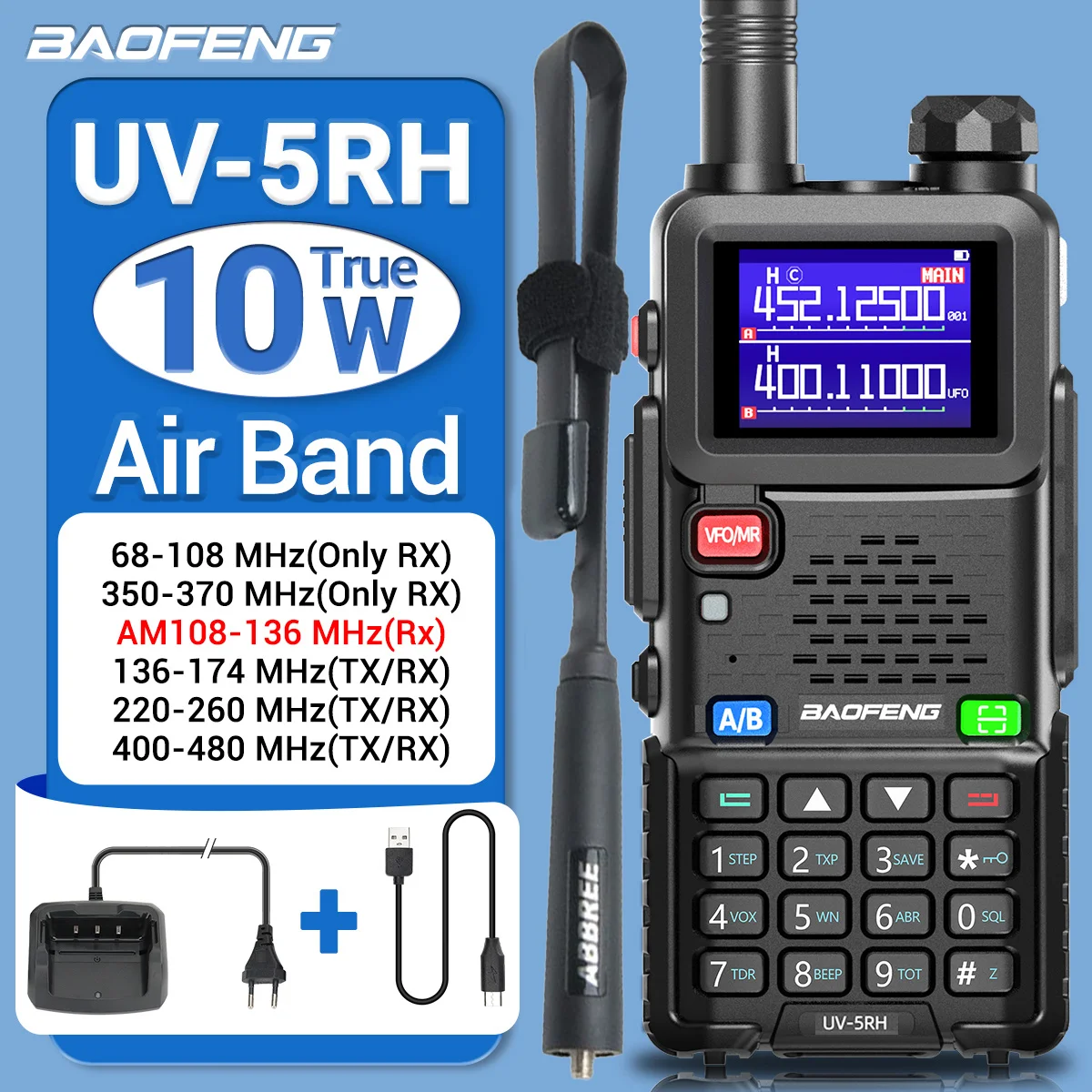 Baofeng UV-5RH Walkie Talkie de 10W frecuencia de copia inalámbrica de largo alcance AM NOAA 999CH transceptor de Radio portátil de remolque para Camping