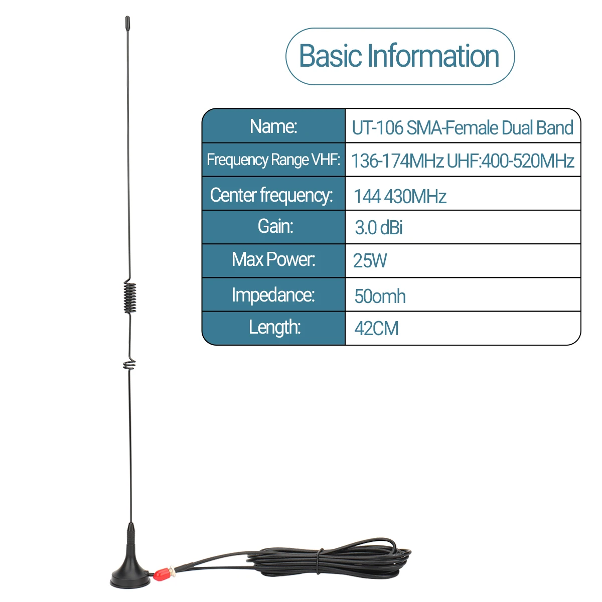UT-106UV antena de coche Walkie Talkie magnético SMA-hembra VHF UHF antena integrada para UV-5R 5RH 21 Pro Quansheng UV-K5 Ham Radio - imagen 3