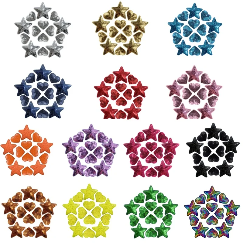 14 unids/lote de parches de estrella de lentejuelas para planchar, parches bordados de corazón para coser, apliques DIY, apliques de colores vivos brillantes para ropa