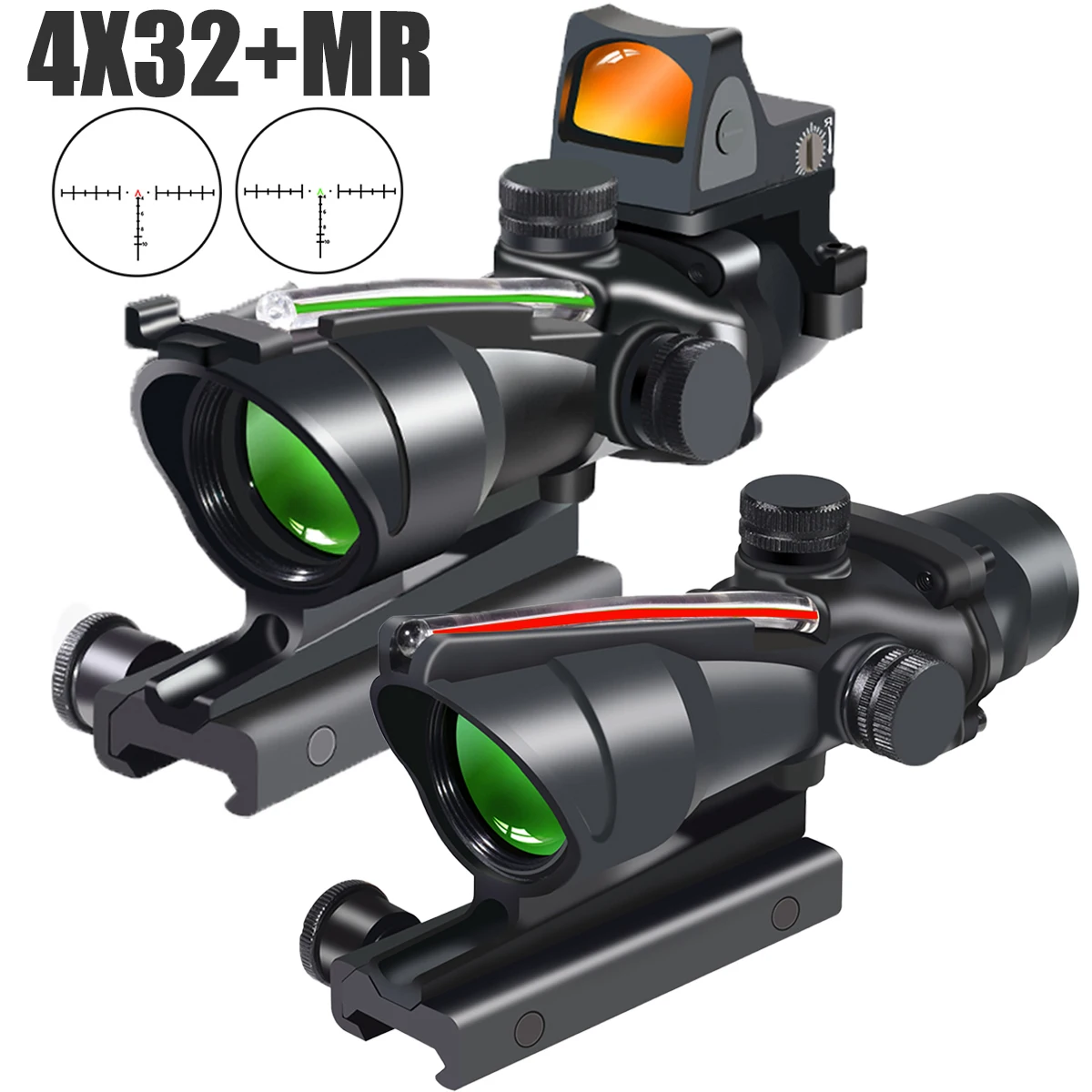 Mira telescópica de caza 4X32, fibra óptica Real Grenn, punto rojo, retícula grabada iluminada, mira óptica táctica compatible con montaje en riel de 20mm