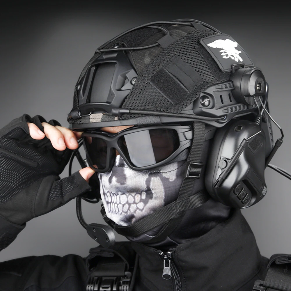 Conjunto de casco fantasma táctico con gafas de casco rápido Airsoft, auriculares de comunicación, pasamontañas, máscara fantasma, bolsa de batería para caza - imagen 3