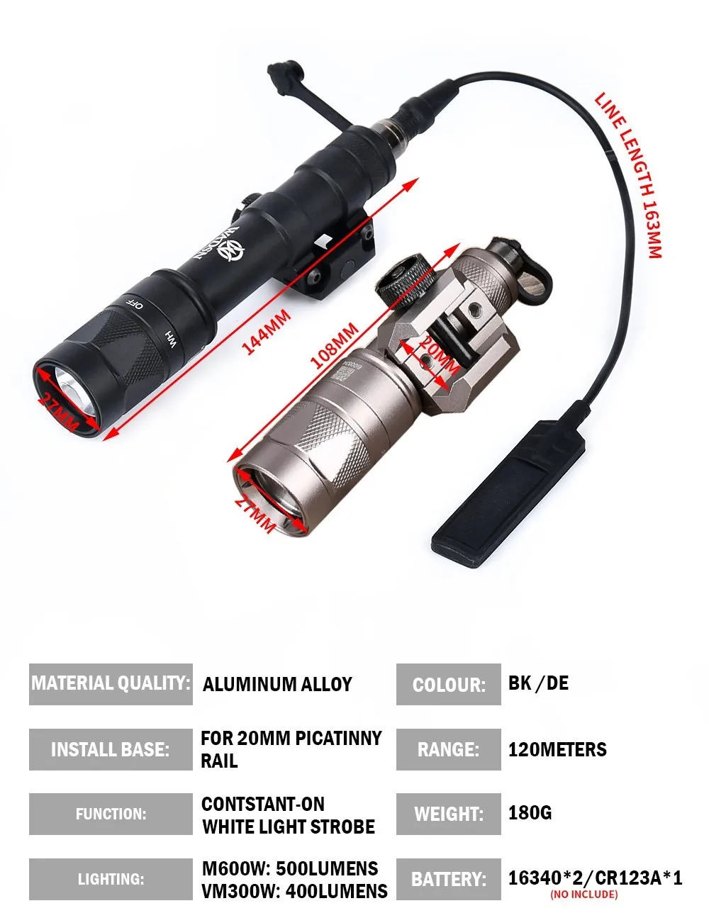 Luz de Metal Wadsn M600W, arma táctica M300W, linterna estroboscópica, linterna LED, Rifle de caza, linterna de 20mm, riel Picatinny - imagen 5