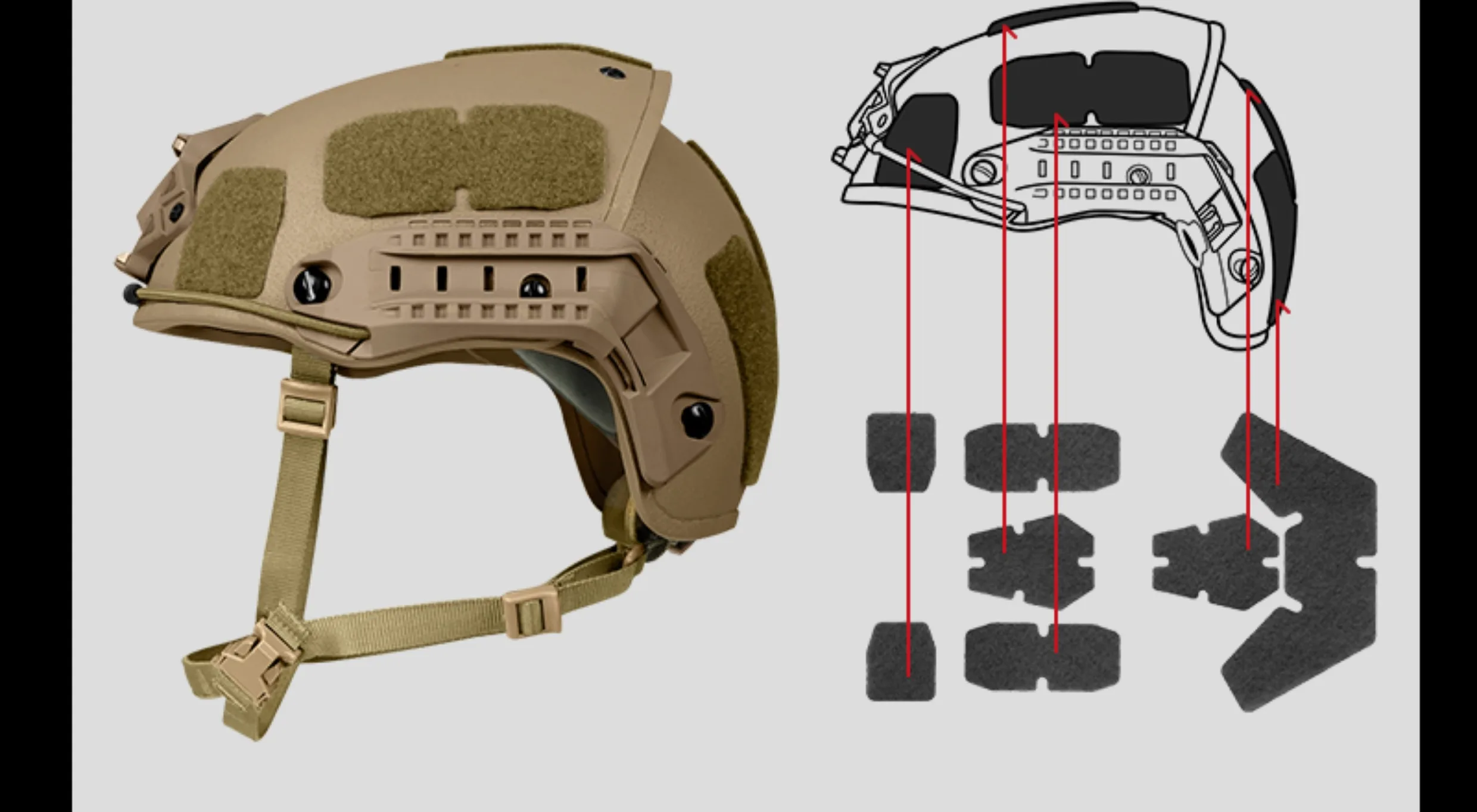 Vista frontal del casco con accesorios tácticos Af Frame