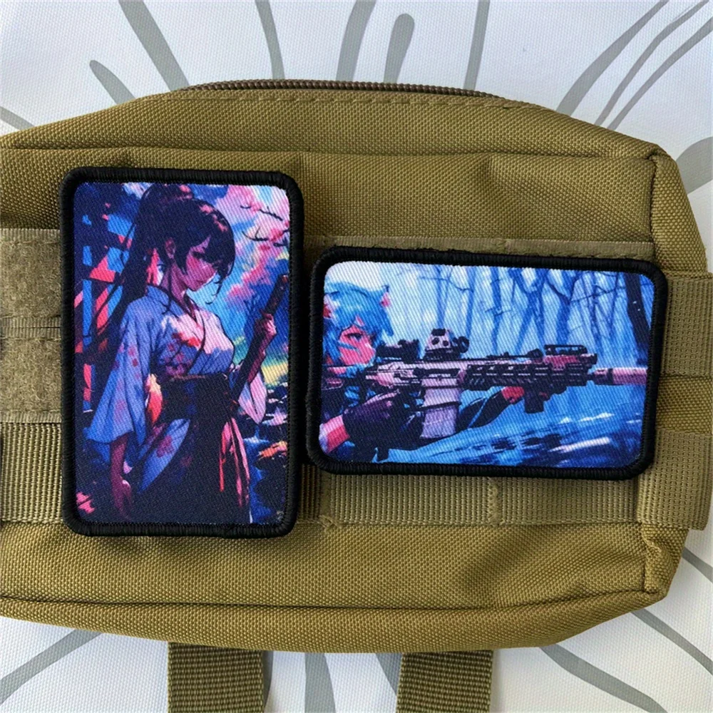 Parches tácticos de moral de niña samurái de pelo oscuro para ropa, parche de gancho y bucle impreso, pegatina para mochila militar - imagen 5