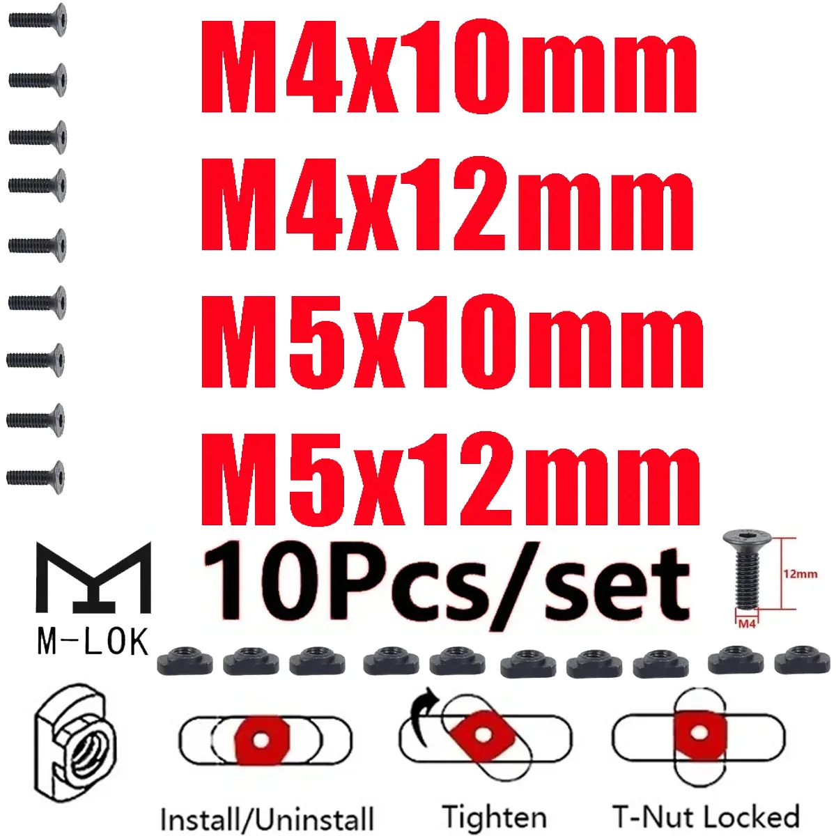 10 unids/set M-LOK funda M-LOK tornillo y tuerca de repuesto carril tuerca en T juego de repuesto de tornillo para MLOK Rail Keymod bolsa protectora