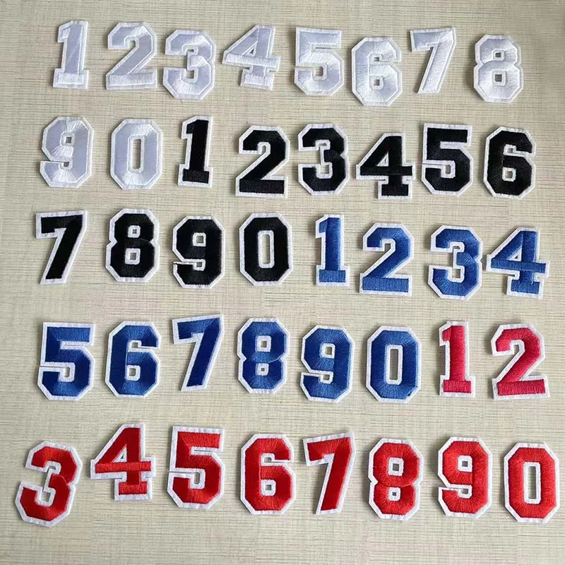 Parche termoadhesivo con apliques de letras y números de 0 ~ 9, bordado de tela con dígitos, parches para planchar para insignias de Jersey, negro, blanco, rojo, azul - imagen 5