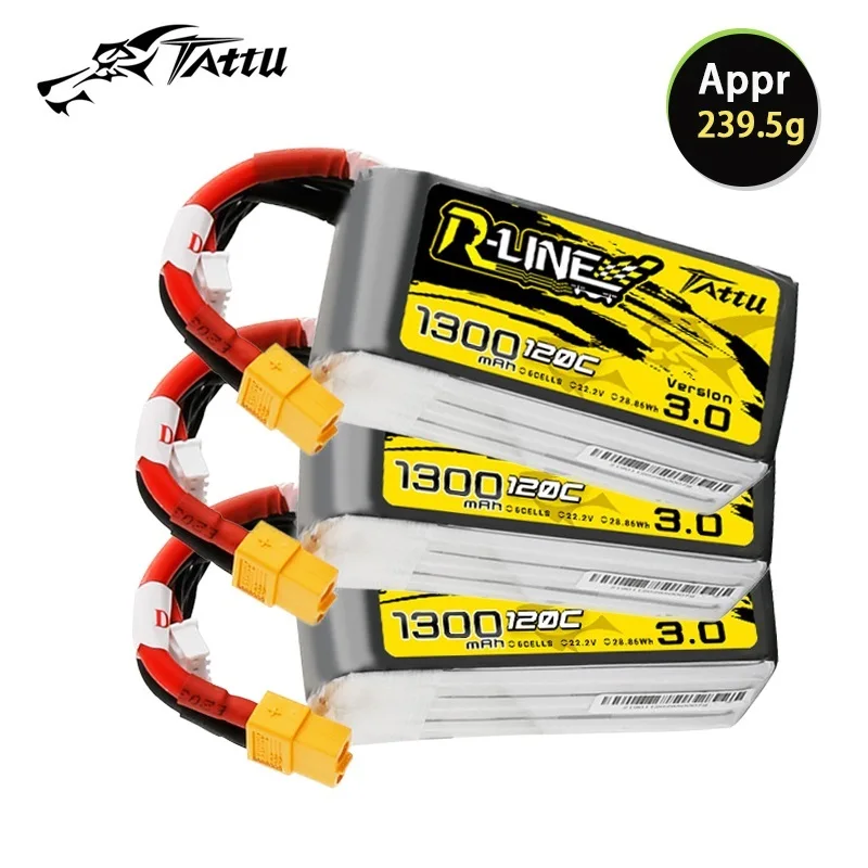 TATTU-batería LiPo R-LINE 3,0 6S, 22,2 V, 1300mAh, 120C, para helicóptero RC, Quadcopter, FPV, piezas de Dron de carreras con batería XT60 de 22,2 V
