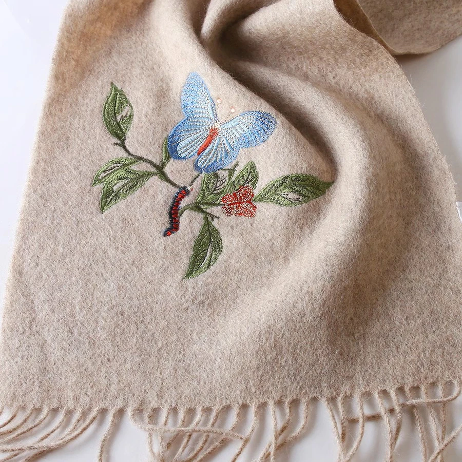 100% bufanda de lana pura tejido térmico de lujo respetuoso con el medio ambiente diseño bordado de China accesorios de ropa decoración regalo suave mujer chica - imagen 2