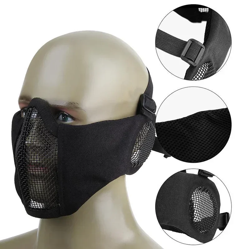 Máscara táctica de media cara, malla de acero con protección para los oídos, máscaras faciales inferiores para caza, tiro, juego CS Airsoftsport - imagen 3