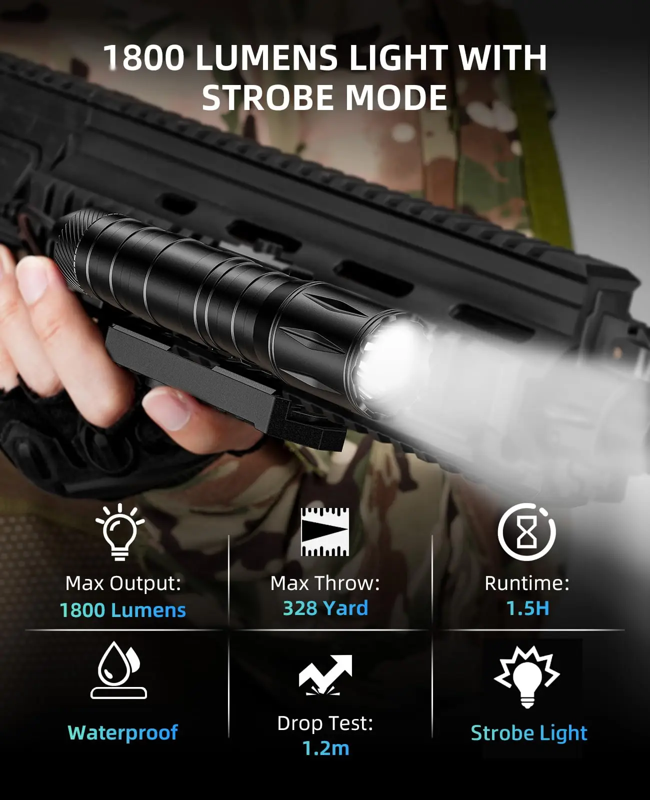 Linterna táctica para rifle MidTen de 1800 lúmenes con interruptor de presión, modo estroboscópico de luz compensada de riel Picatinny - imagen 3
