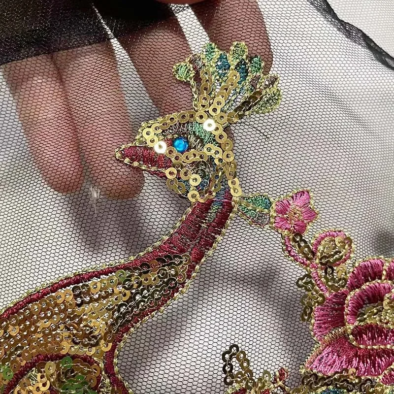 Apliques de diamantes de imitación con cuentas de lentejuelas de flor de pavo real, telas bordadas de encaje, parches de costura para vestido de noche, vestido de fiesta, 40x30CM - imagen 4