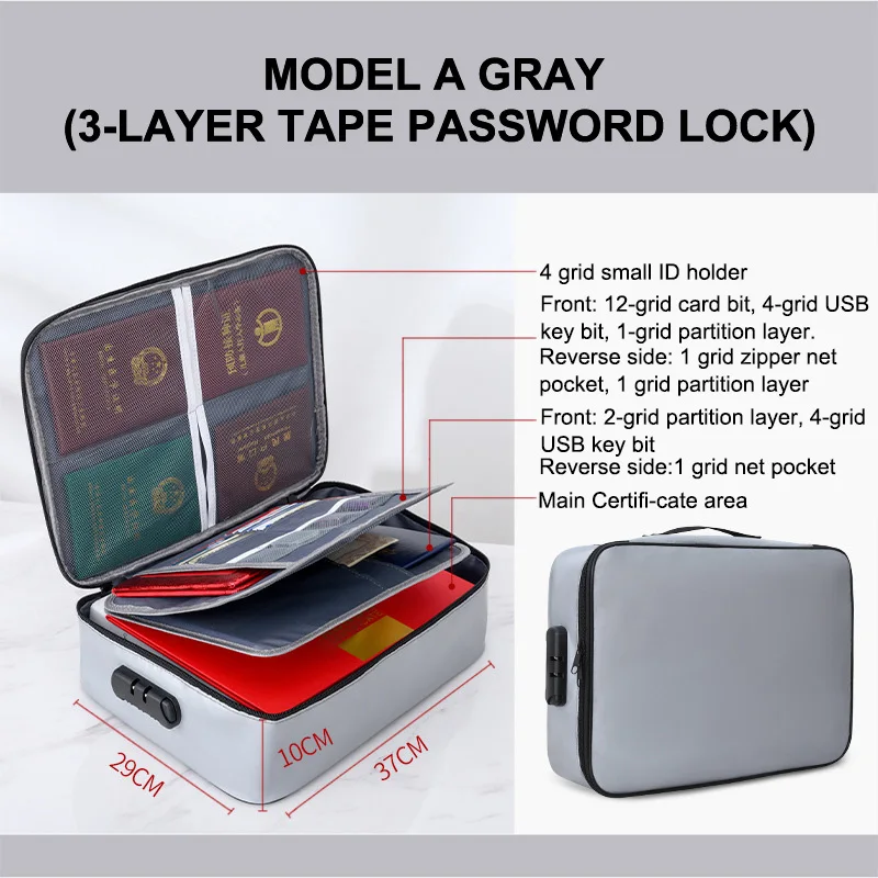 Bolsa ignífuga con contraseña para documentos, almacenamiento de dinero impermeable para archivos de viaje, papeles seguros, organizador de seguridad con cremallera, estuche para tarjetas multicapa - imagen 3