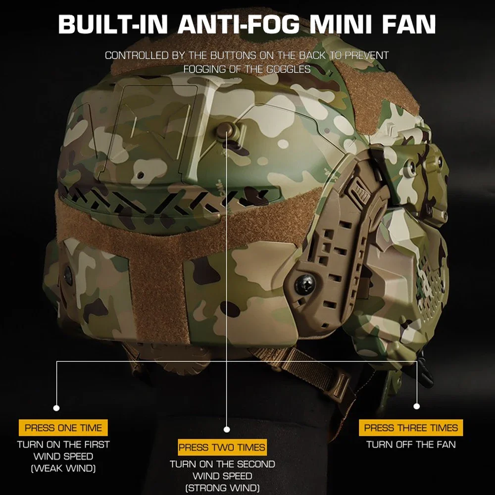 Casco rápido Airsoft táctico Militar W-Ronin casco de asalto II auriculares integrados, ventilador antiniebla, máscara abatible, lente de repuesto - imagen 5