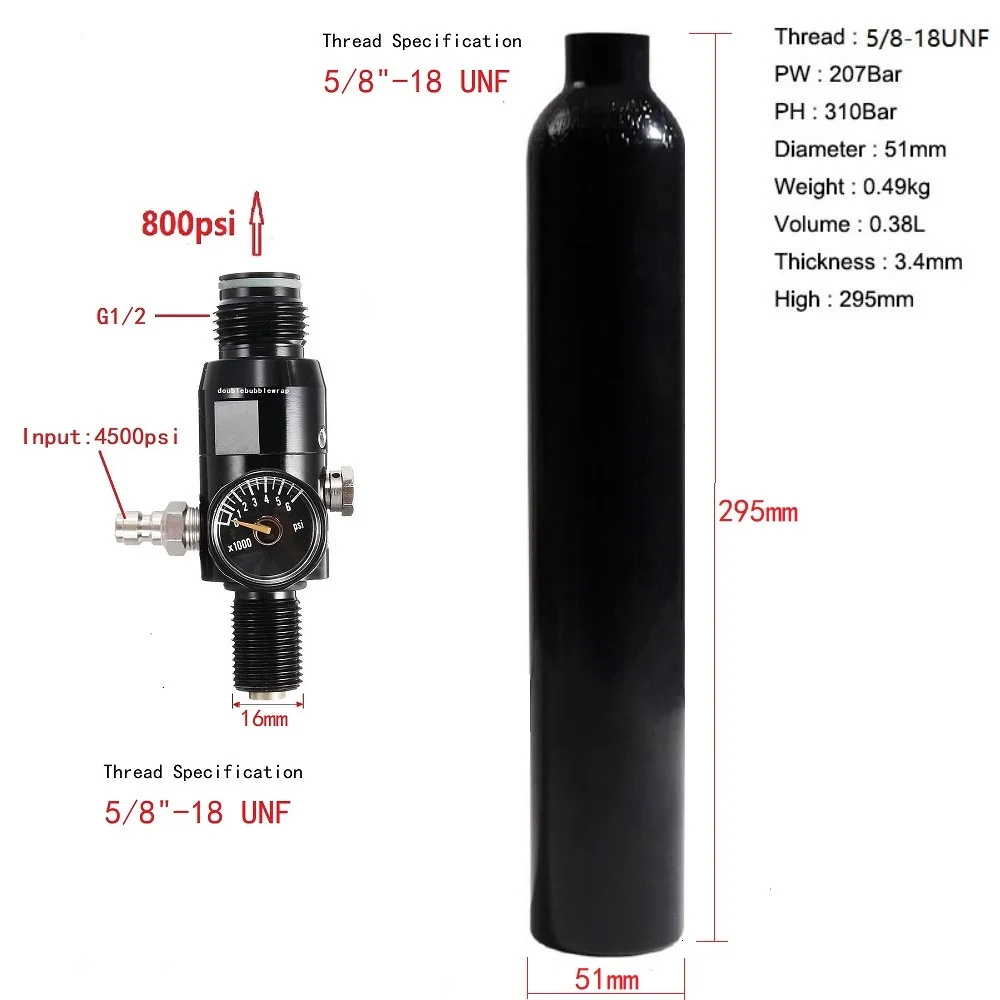 Tanque de aluminio de 0,38l, botella de aire UNF de 5/8 "-18, 3000Psi, 200Bar, HPA, cilindro de Co2, válvula reguladora de tanque de botella - imagen 4