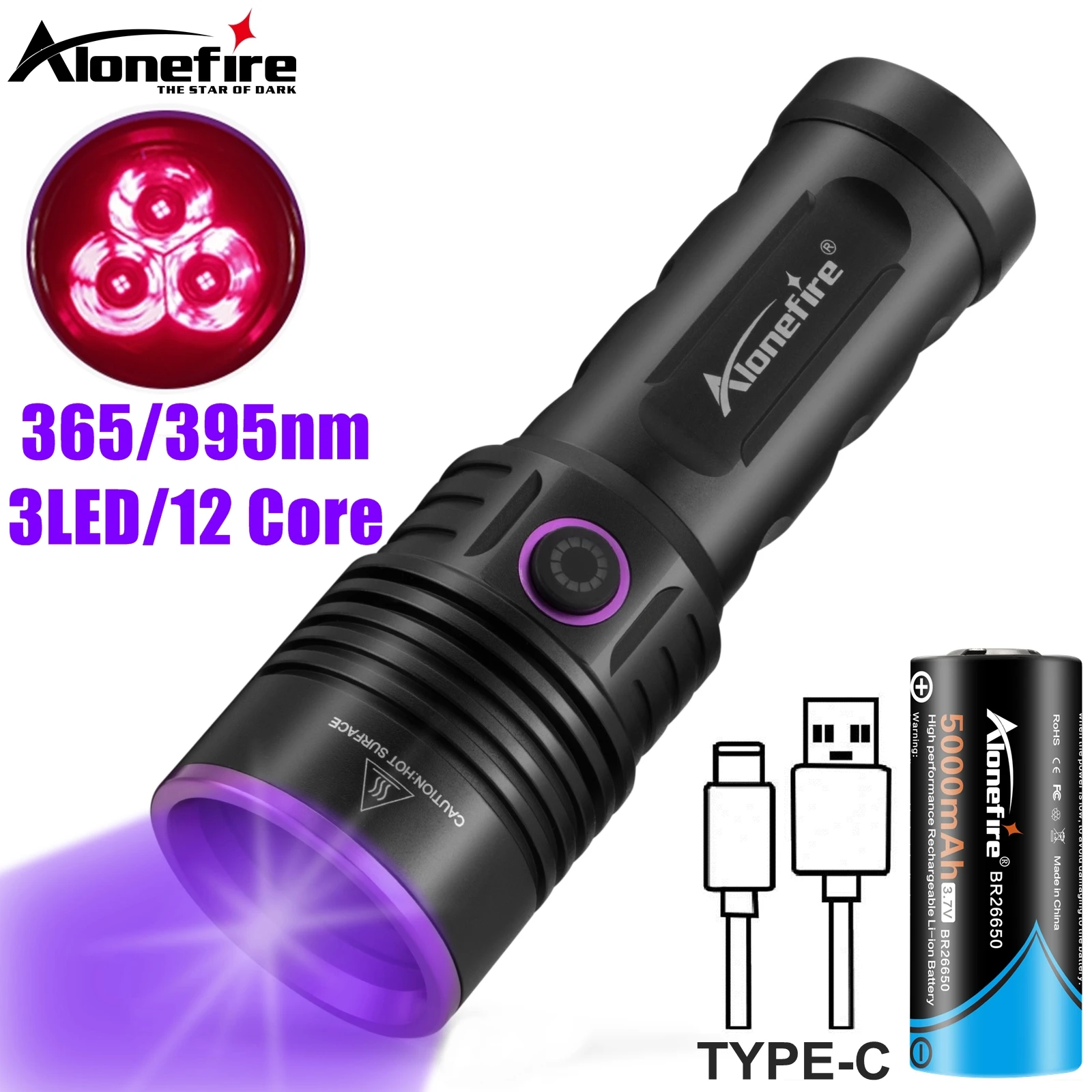 Linterna UV de alta potencia 60W, 365nm, luz negra, recargable, curado, marcador manchas perros y gatos, minero, dinero, escorpión, lámpara fluorescente control