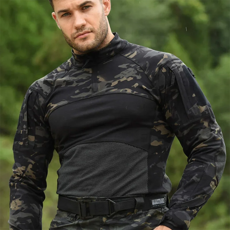 Camisa de combate táctico de camuflaje para hombre, camisas de uniforme de algodón elástico con cremallera 1/4, camiseta de camuflaje de manga larga transpirable, ropa de malla - imagen 5