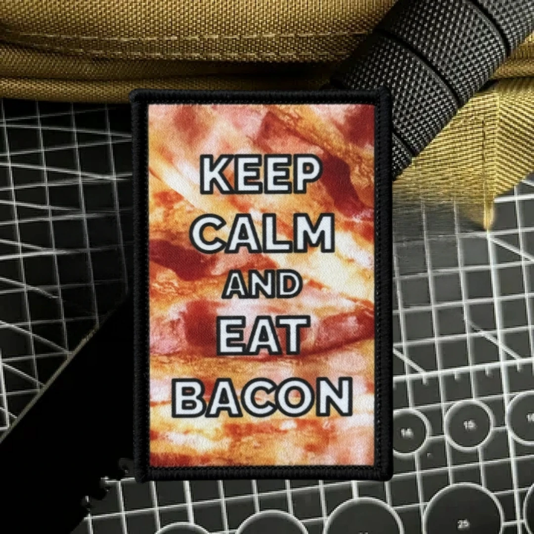 Parches de insignia de moral táctica para mantener la calma y comer tocino, brazalete del ejército militar, pegatina de mochila con gancho y bucle impreso para ropa - imagen 4
