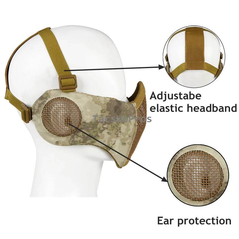 Mascarilla de combate táctico para hombre y mujer, máscara de seguridad de media cara con malla de acero de bajo carbono, protección para los oídos para tiro de Paintball - imagen 5