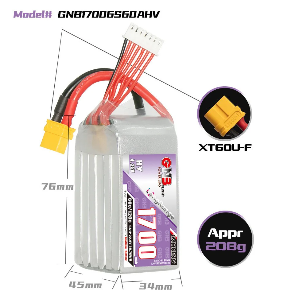 Batería Lipo GNB 6S 1700mAh 22,8 V 60C/120C para Dron con control remoto FPV Quadcopter helicóptero avión RC piezas 6S batería - imagen 3