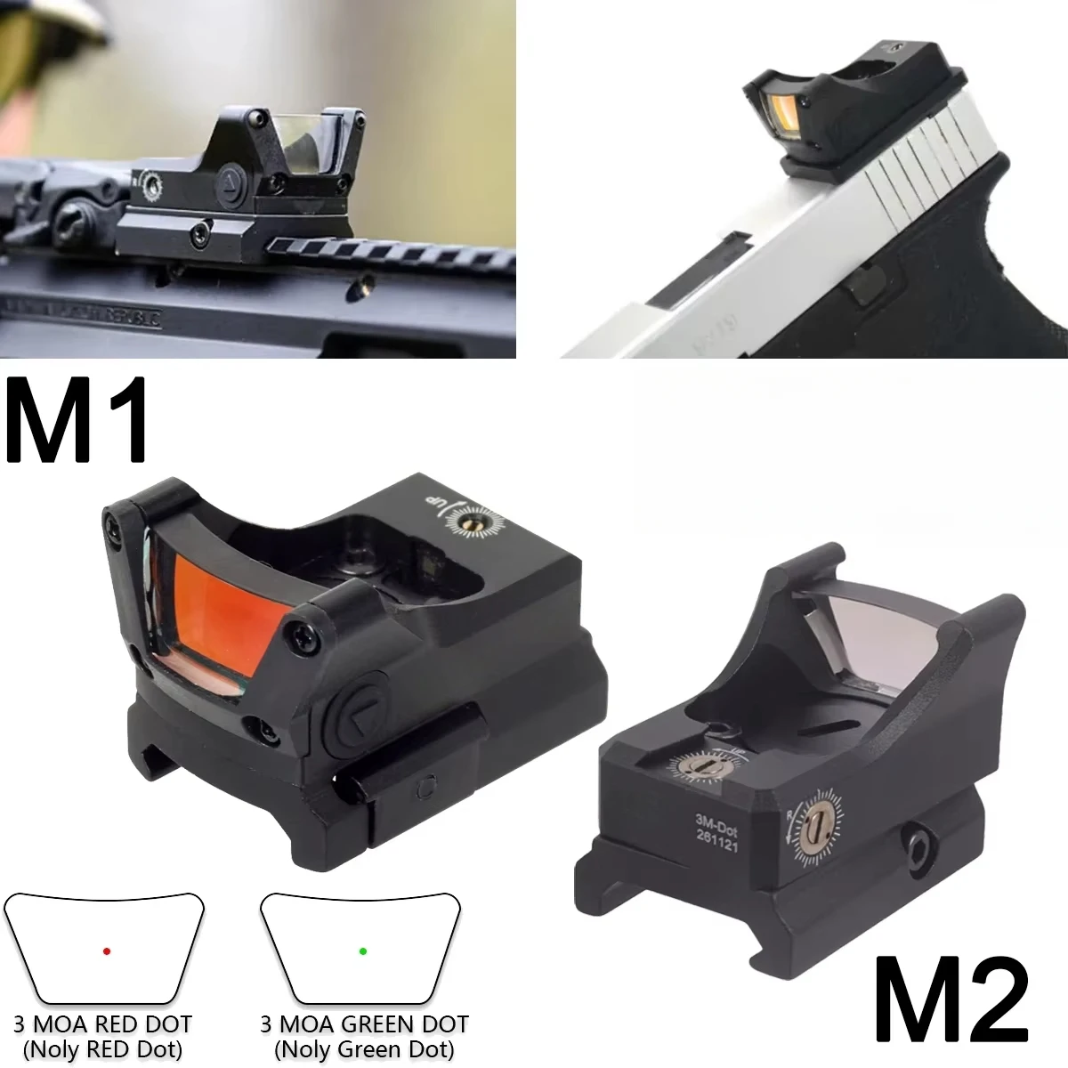 Mira táctica M1 M2 con punto rojo y verde, mira réflex 3MOA, mira telescópica de caza con soporte 1913 para pistola de Rifle Airsoft, riel de 20mm