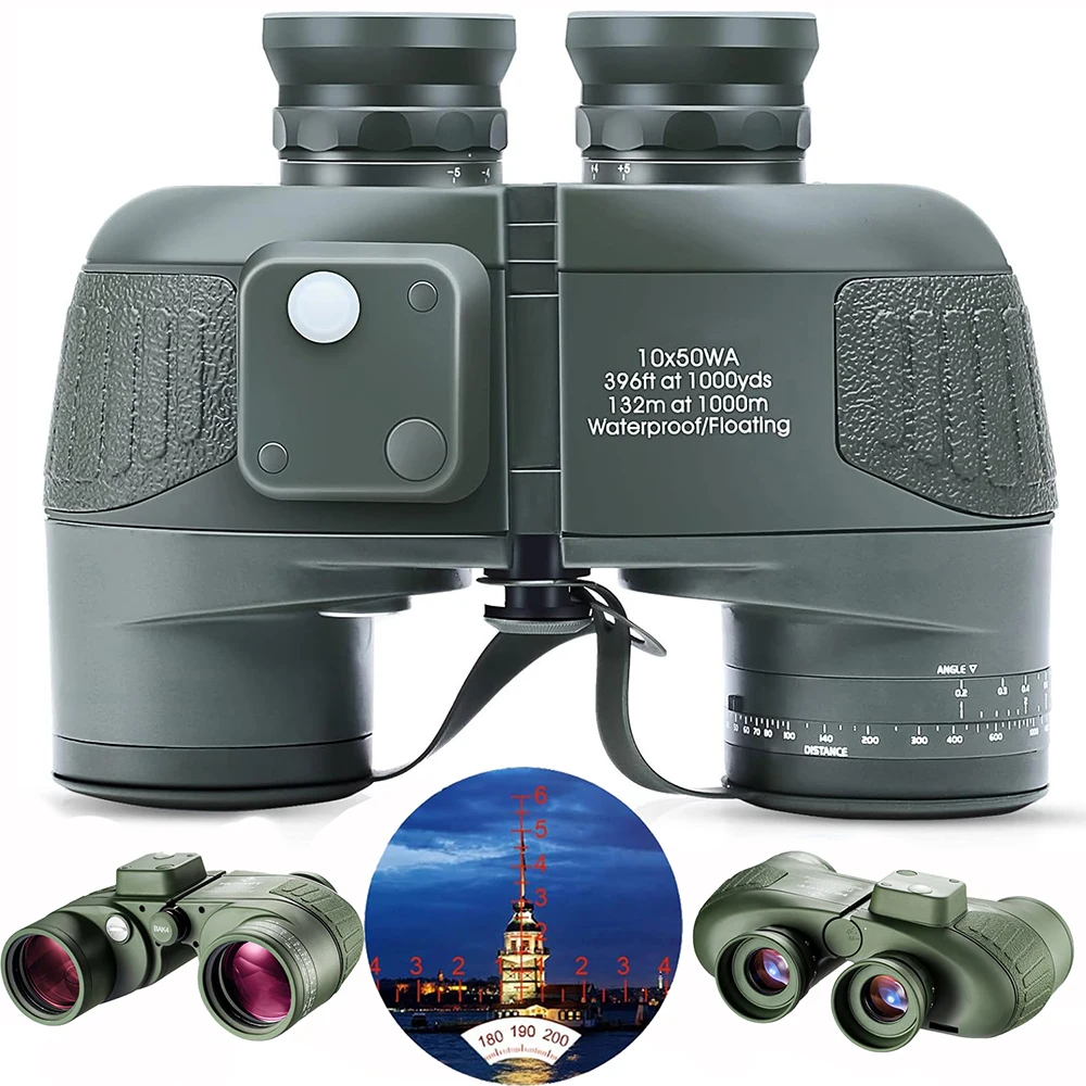 Binoculares marinos 10x50 con brújula telémetro para adultos lente FMC impermeable a prueba de niebla binoculares de visión con poca luz para navegación