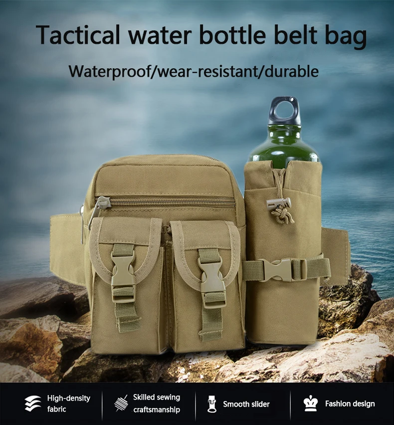 Una botella de agua y una bolsa están sentadas en una roca