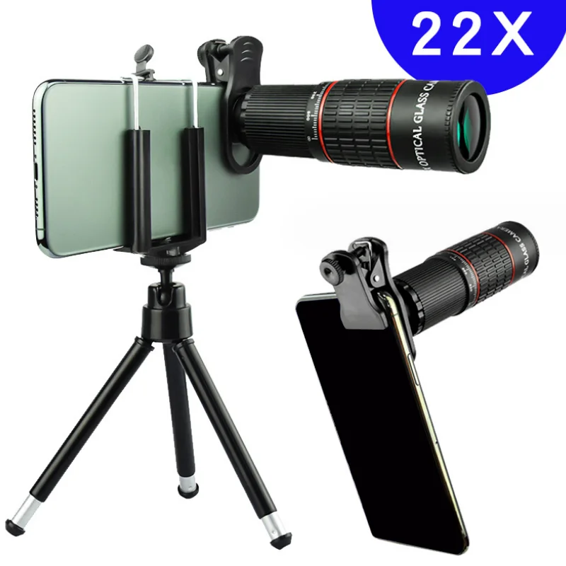 Telescopio Monocular con Zoom 22X, teleobjetivo para teléfono móvil, telescopio con trípode, Clip para teléfono, telescopios para turismo y acampada al aire libre