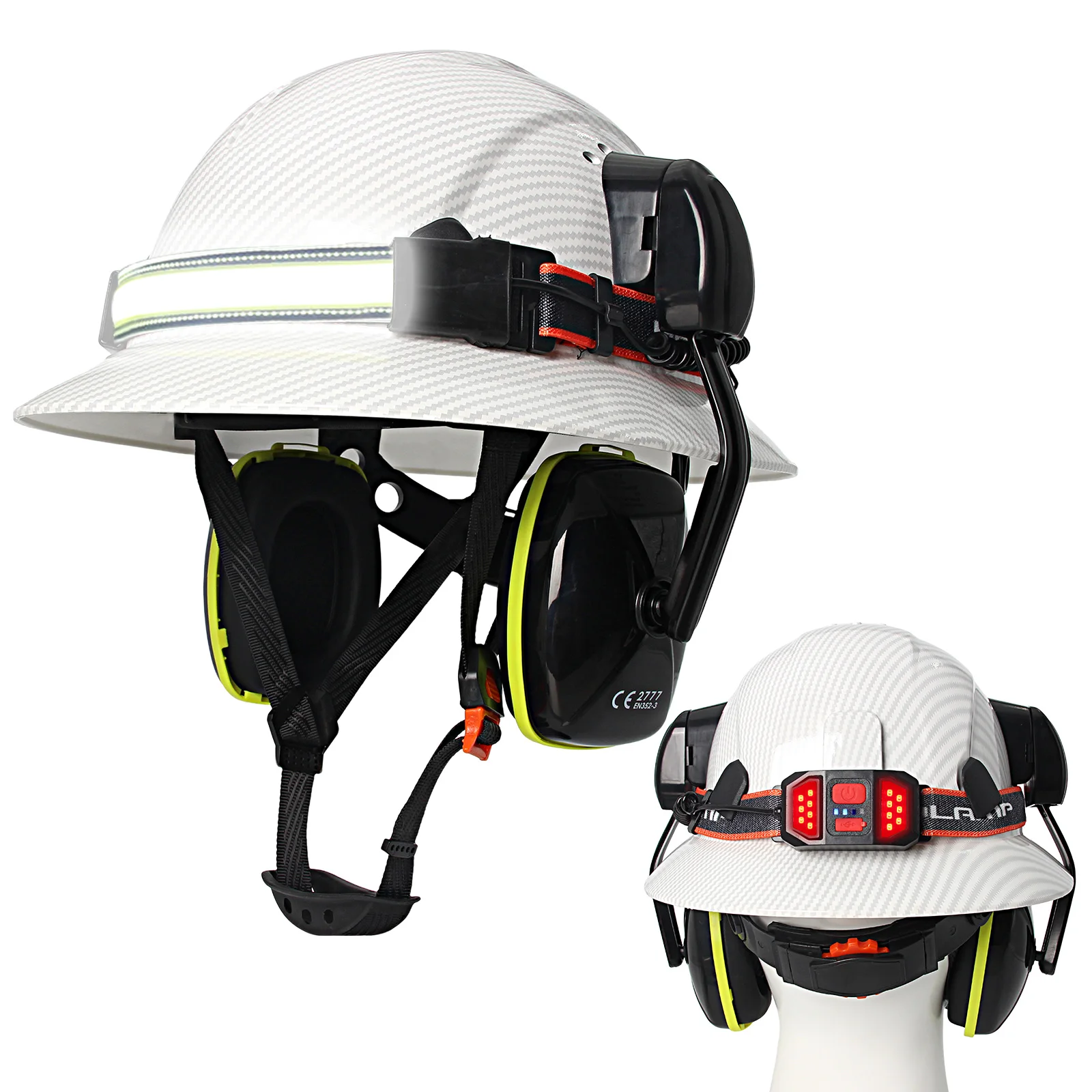 Casco de ala completa CE con orejeras, lámpara para la cabeza, cascos de seguridad anticolisión para construcción, gorra de rescate de trabajo ligera ANSI - imagen 2