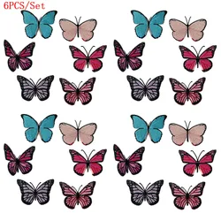 6 unids/set de mariposas coloridas, parches para planchar para ropa, mariposa roja y azul, parche bordado para coser para decoración, pegatinas DIY