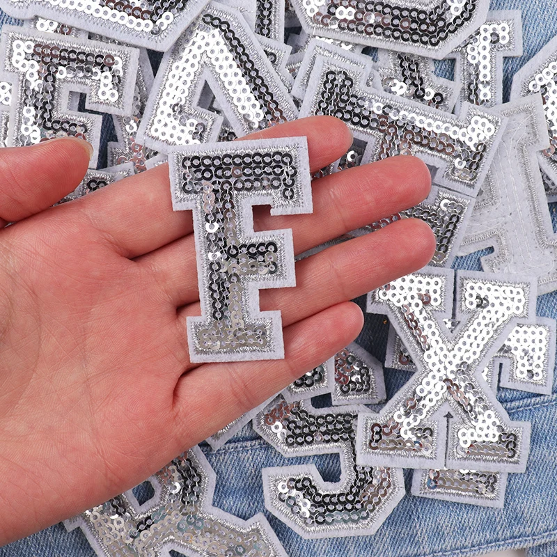Parches de letras en inglés con lentejuelas plateadas de A-Z para ropa, sombrero, chaqueta, zapatos, apliques bordados para coser, parches para ropa, decorar DIY - imagen 2