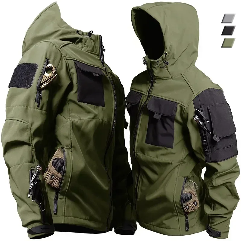 Chaquetas tácticas de piel de tiburón para hombre, chaqueta con capucha impermeable a prueba de viento, uniformes funcionales para exteriores con múltiples bolsillos - imagen 3