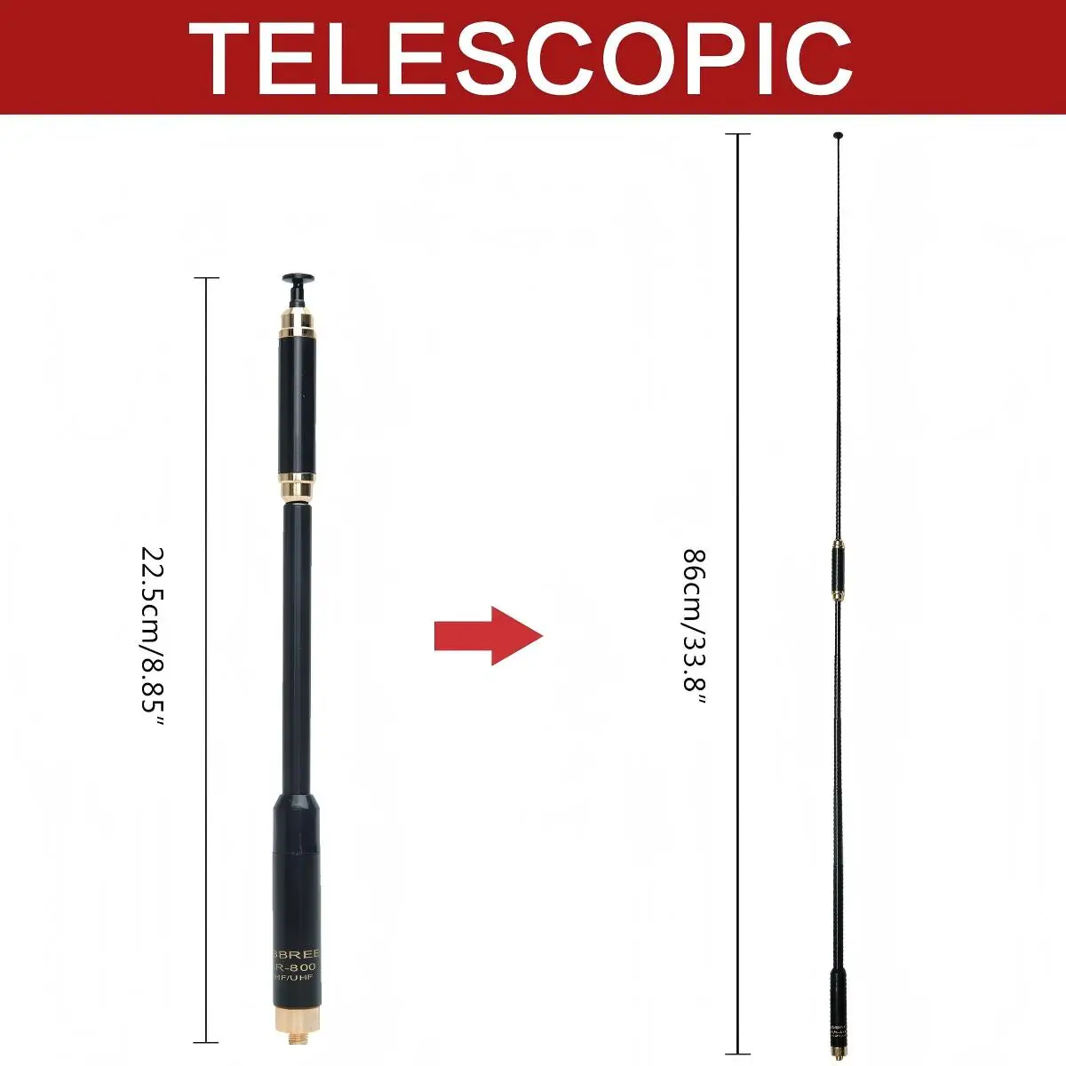 ABBREE AR800 Antena telescópica de doble banda UHF/VHF 50W SMA hembra/macho/BNC para Kenwood Baofeng Quansheng - imagen 2