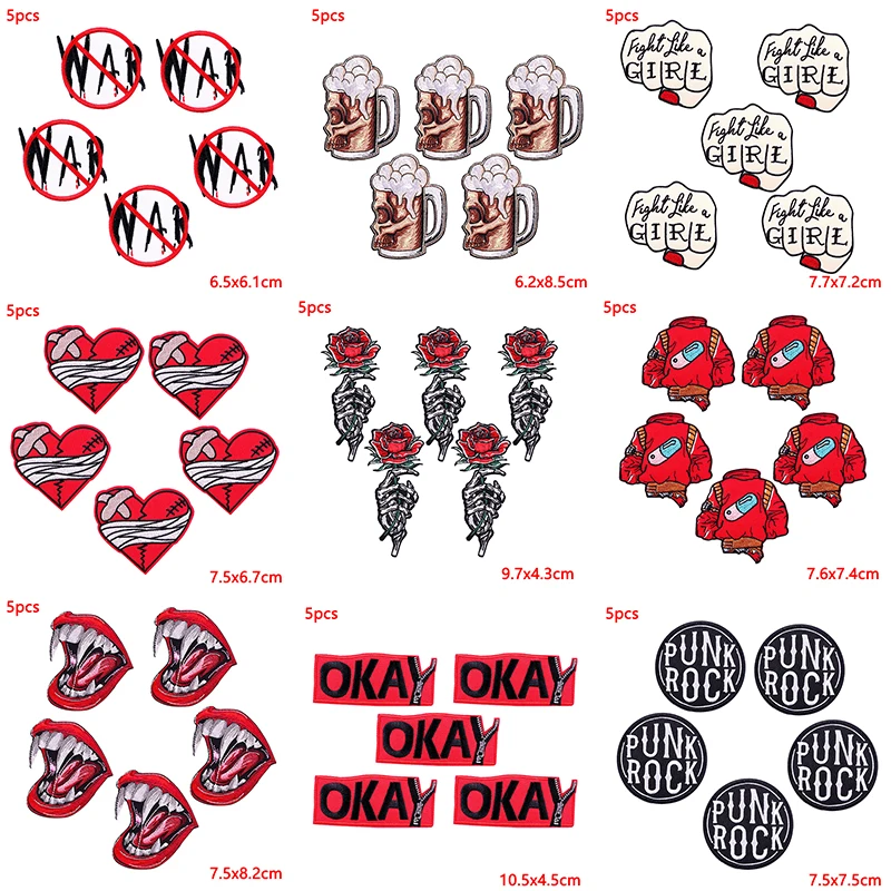 Lote de 5 unidades de parches bordados Punk de Hip Hop, parches para planchar para ropa, parches bordados de animales para ropa, pegatinas para mochila Diy
