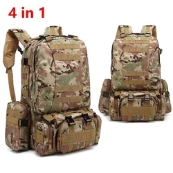 Mochila de caza de 55L 4 en 1, paquete deportivo Molle para exteriores para hombre, mochila de lona de camuflaje para senderismo al aire libre, paquete de ataque impermeable Mochira