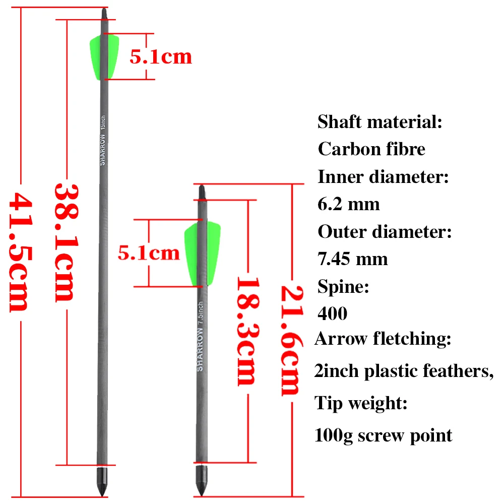 6/12 Uds. Pernos de ballesta de 7,5/15 pulgadas flechas de carbono mezcladas columna vertebral 400 eje de flecha ID 7,6mm arco tiro al aire libre objetivo de caza - imagen 2