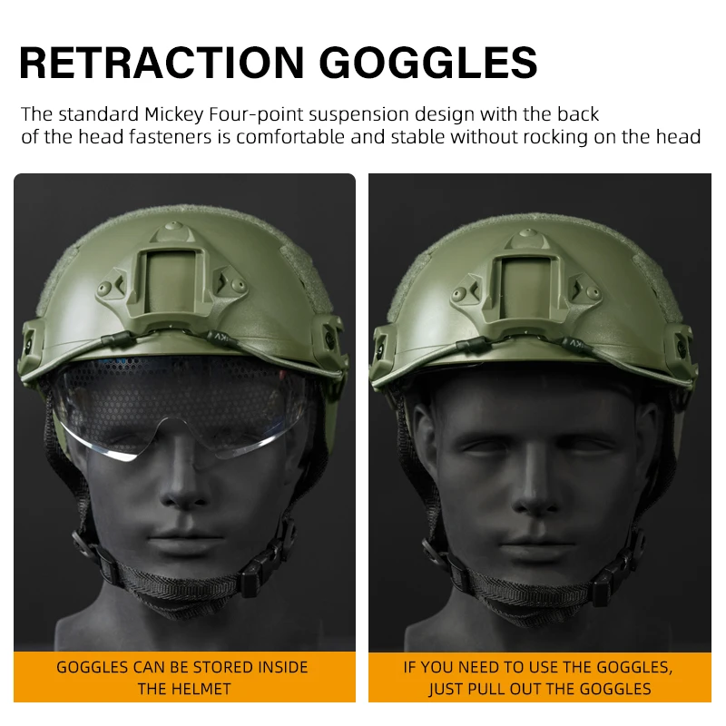 Casco táctico BOOIU, casco Airsoft tipo MH rápido con gafas, casco de combate de Paintball, equipo de protección para la cabeza para deportes al aire libre ABS F - imagen 2