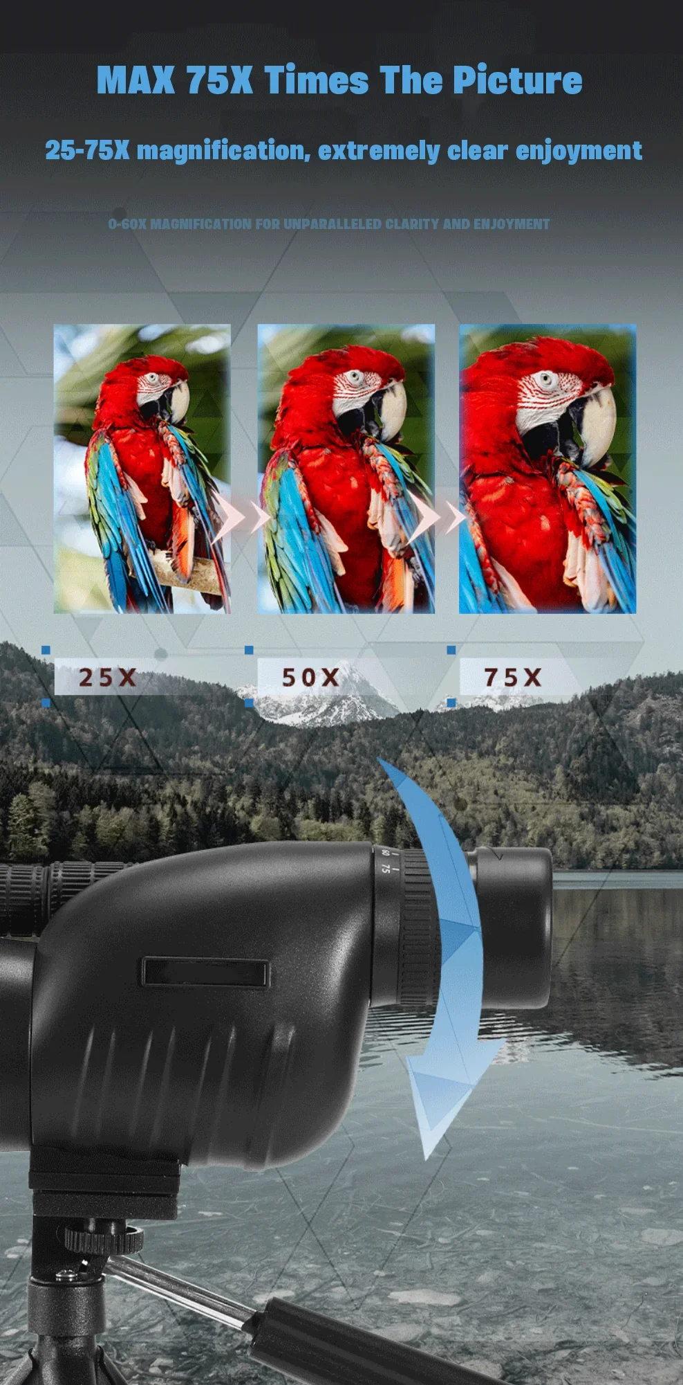 Telescopio Monocular potente con Zoom HD, telescopio impermeable de largo alcance con trípode para observación de aves, acampada, paisaje, 25-75x60 - imagen 4