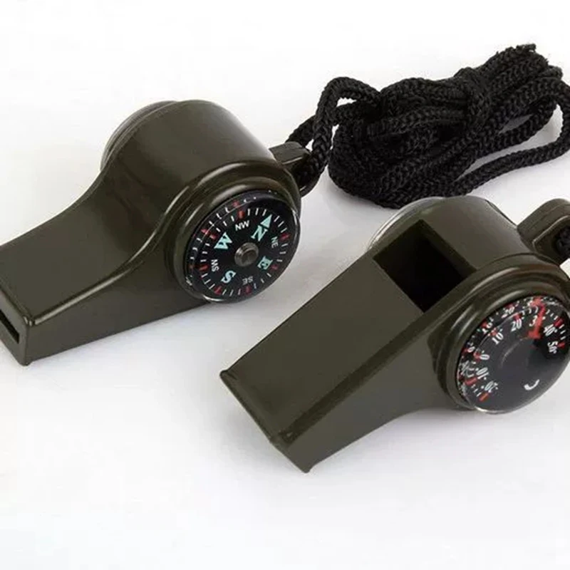 Silbato de supervivencia de emergencia 3 en 1 para acampar, senderismo, con brújula, termómetro, silbato para exteriores, herramientas para acampar, Color verde militar - imagen 4